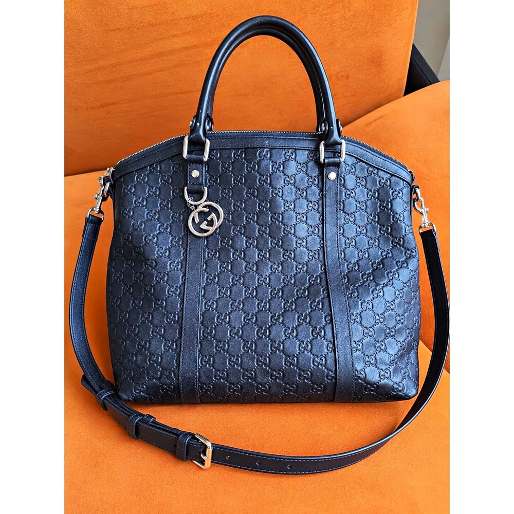 Gucci Guccissima Black Satchel Top Handle Zip Detachable Crossbody Silver